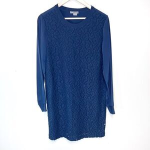 Vince Navy Blue Lace Overlay Silk Long Sleeve Jacquard Mini Dress Medium.